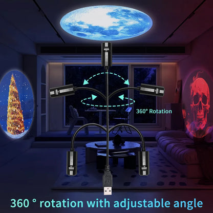 USB Projector Night Light LED Christmas Halloween Moon Lamp Holiday Ornaments For Ceiling Wall Atmosphere Mood Light Room Decor